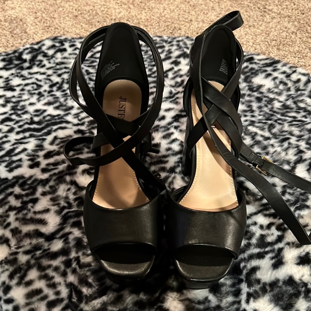 JustFab black ankle tie heels